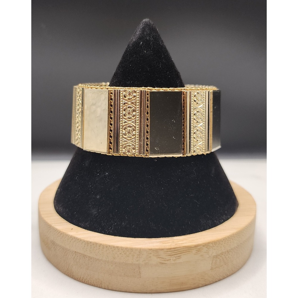 Vintage Gold Tone Mesh Gate Link Bracelet Etched Wide Panel 7.25in Heavy READ